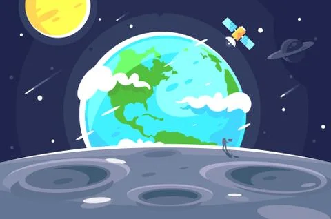 Flat planet earth from moon on dark space with sun and satellite background. Stock Illustration