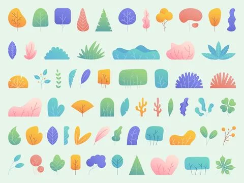 Flat plants. Tree leaf, bush and simple leaves gradient colors, minimal tro.. Stock Illustration