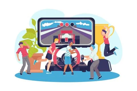 Flat play with controller concept, vector illustration. Gaming people at Stock Illustration