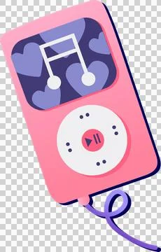 Flat portable music player with click wheel and coiled cable is tilting on Stock Illustration