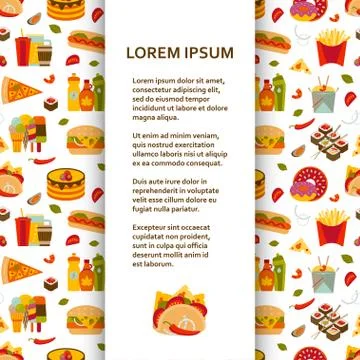 Flat poster or banner template with fastfood icons Stock Illustration