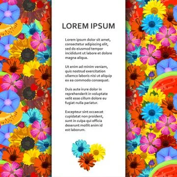 Flat poster or banner template with realistic bright flowers and fruits. Vector Stock Illustration