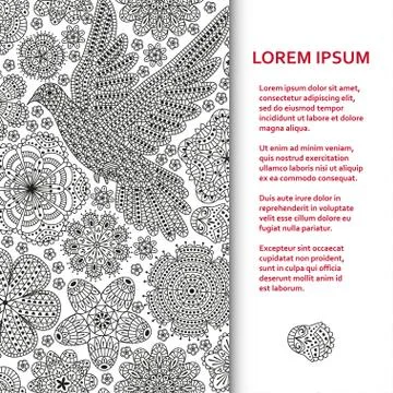 Flat poster or banner template with beautiful ornamental flowers and birds Stock Illustration