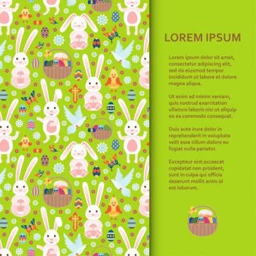 Flat poster or banner template with Easter Bunny, eggs and flowers Stock Illustration