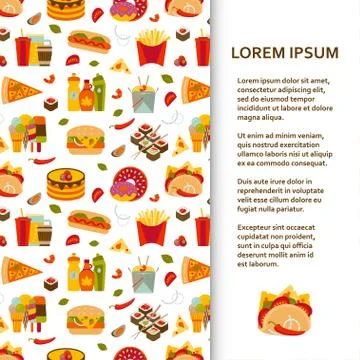 Flat poster or banner template with fastfood icons Stock Illustration