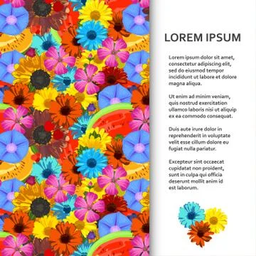 Flat poster or banner template with realistic bright flowers and fruits Stock Illustration