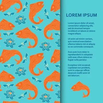Flat poster or banner template with fishes and lotus Stock Illustration