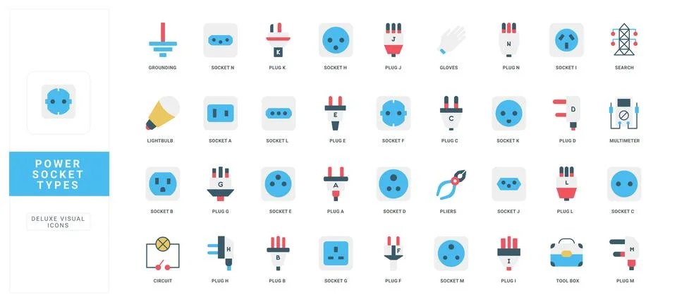 Flat Power Socket Types and Electrical Plugs イラスト素材