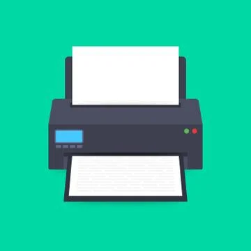 Flat printer icon. printer with paper a4 sheet and printed text document. Vec Illustrazione stock