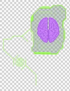 Flat purple brain is floating in neon-green UI globe-icon  and  code overlays on Illustrazione stock