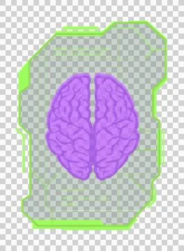 Flat purple brain is floating on transparent canvas with neon green frame and Illustrazione stock