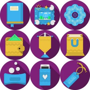 Flat purple vector icons for handmade gifts Round purple flat icons vector... Stock Photos