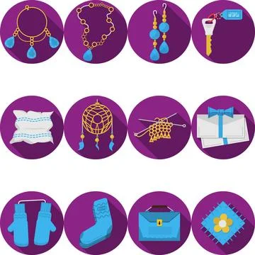 Flat purple vector icons for handmade gifts Round purple flat icons vector... Stock Photos