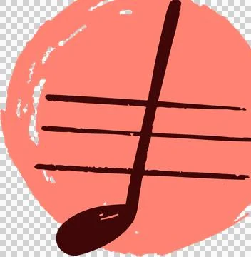 Flat quarter note is crossing staff lines on coral paint circle, transparent 스톡 일러스트