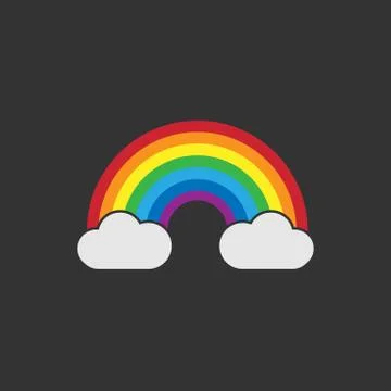 Flat rainbow icon. Rainbow with clouds on black background. Vector illustration  Stock Illustration