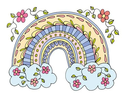 Flat rainbow with patterns. A natural phenomenon. Floral clouds. Sky after th 스톡 일러스트
