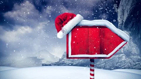 Flat red arrow sign is leaning on candy cane pole with falling snowflakes, we Stock Illustration