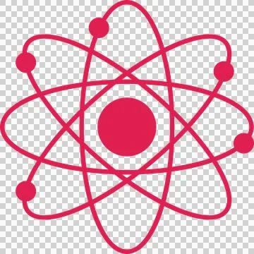 Flat red atom icon is featuring nucleus and electrons on orbital lines, Stock Illustration