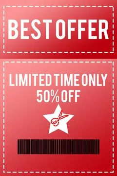 Flat red banner is showing dashed border, bold white offer text, star icon with Stock Illustration