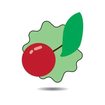 Flat red cherry icon with green leaf, with shadow over white background. Illustrazione stock