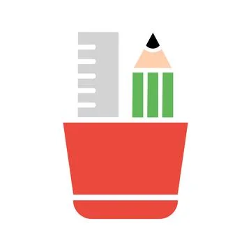 Flat red container holds pencil and ruler on a white background perfectly 스톡 일러스트