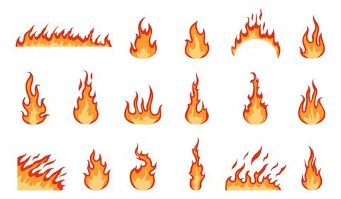 Flat red flames isolated. Heat fire sign, fires devil symbols. Hot campfire Stock-Illustration