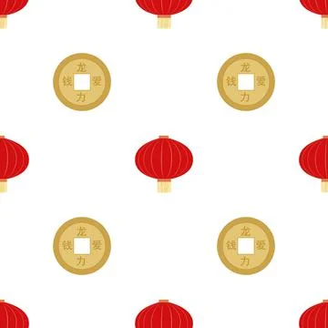 Flat red hanging Chinese lantern with golden coin seamless pattern background Stock Illustration