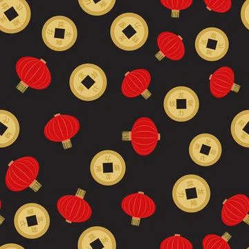 Flat red hanging Chinese lantern with golden coin seamless pattern background 스톡 일러스트