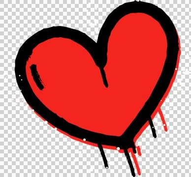 Flat red heart is floating on transparent layer with black outline, drips and Stock Illustration