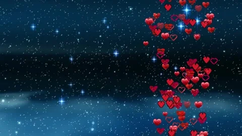Flat red hearts appearing at bottom right, clustering and rising up illustrating Video stock 318936694