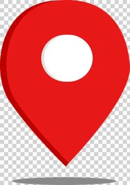 Flat red location pin icon with white circle is floating over grey shadow on Stock Illustration