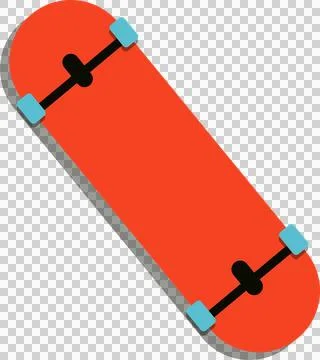 Flat red skateboard hovering diagonally on transparent canvas with black trucks Stock Illustration