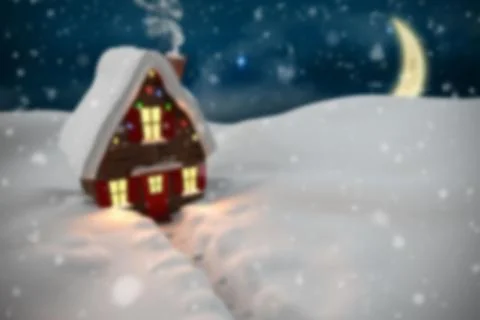 Flat red two-story house is sitting in snowy field at night, glowing windows and Stock Illustration