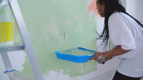 Flat renovation concept. Smiling African American woman redecorating her house Stock Footage 139281689