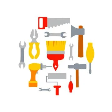 Flat Repair Tools Circle Set Vector Illustration Stock Illustration