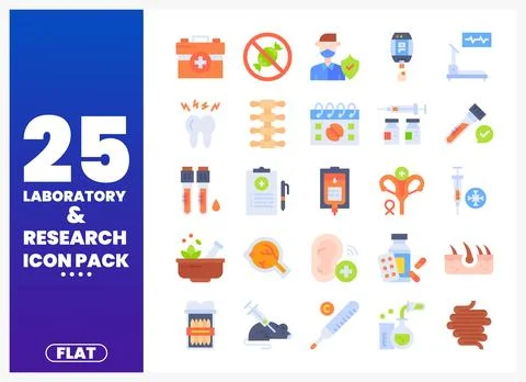 Flat research icons featuring laboratory equipment and medical symbols. iso.. Stock Illustration