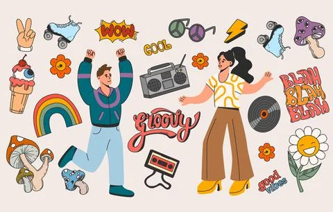 Flat retro 70s sticker elements with hippie characters Stock Illustration