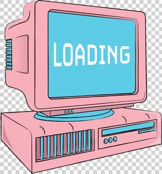 Flat retro computer showing CRT monitor loading screen and front vents, Illustrazione stock