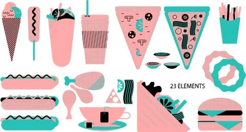 Flat retro fast food elements. Pink, turquoise and black colored vector set. Stock Illustration
