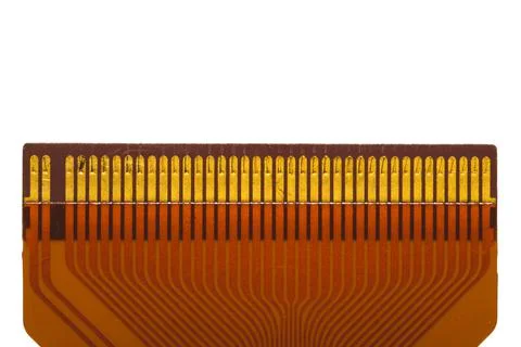 Flat ribbon cable isolated on white. flat connector with golden pins macro. c Stock Photos