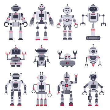 Flat robots. Electronic robot toys, cute chat bot mascot and robotic toy ch.. Stock Illustration