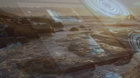 Flat rock ledge reflecting sun, waves rolling causing faint panes sliding circle Stock Footage 332625498