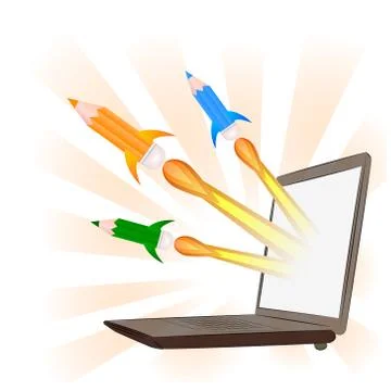 Flat rocket icon. startup concept. project development. realistic laptop. Stock Illustration
