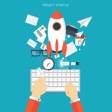 Flat rocket icon. Startup concept. Project development. Illustrazione stock