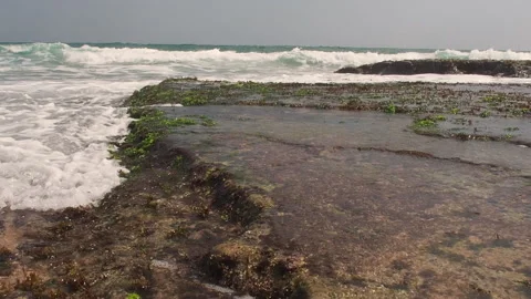 Flat rocks on the ocean shore and lazy waves gently washing them on a sunny day Stock Footage 153044772
