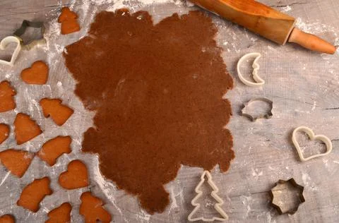 Flat rolled Raw gingerbread dough for cooking Christmas cookies Stock Photos