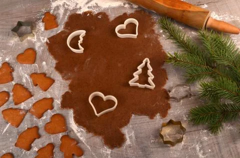 Flat rolled Raw gingerbread dough for cooking Christmas cookies Stock Photos