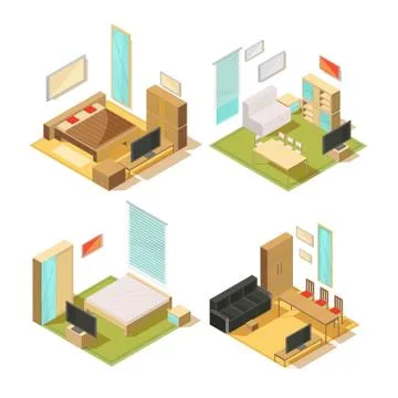 Flat Rooms Isometric Interiors Stock Illustration