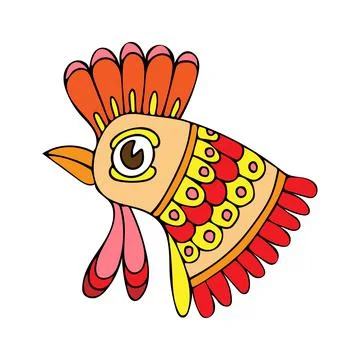 Flat rooster. Bird head. Farm poultry. Fairy chicken. Animal with colored fea Stock Illustration