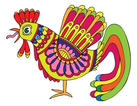 Flat rooster. A crowing bird. Farm poultry. Winged fairy hen. Chicken with co Stock Illustration